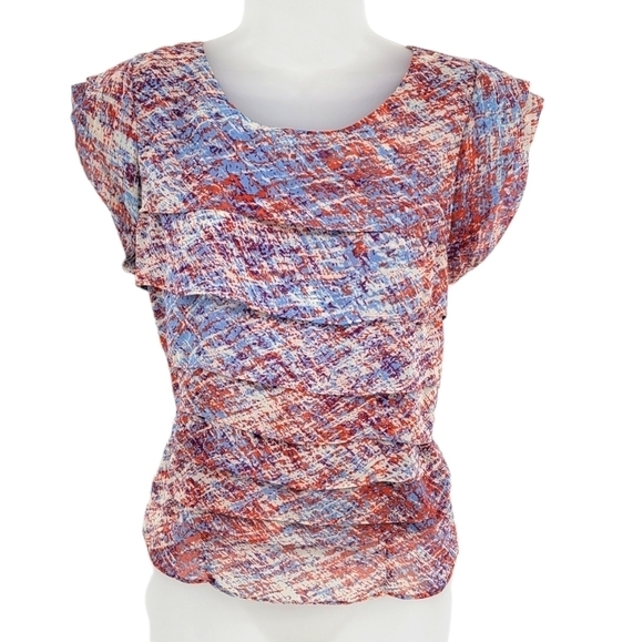 Forever 21 Flowing Lightweight Tiered Layer Top Red And Blue Abstract Print Sz S - Picture 7 of 7